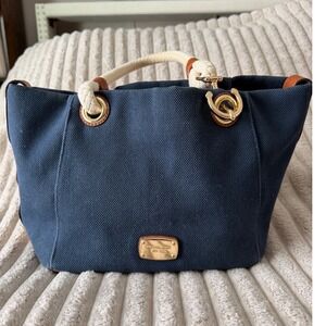 Michael Kors Navy Canvas Rope Handle Tote Bag Tan Leather Trim Gold Hardware